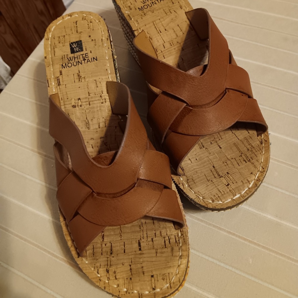 White Mountain Crete Womens Slide Heel Sandal Brown Leather 8M Espadrille EUC
